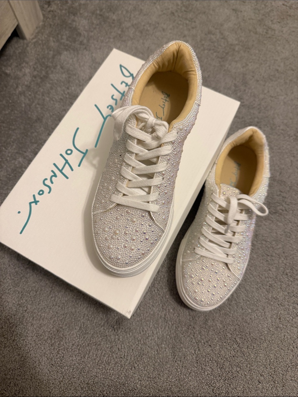 Betsey Johnson White Crystal Embellished Lace-Up Sneakers